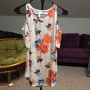 Ivory Floral Cold-Shoulder  with Coral and Blue Blooms. Perfect For Spring